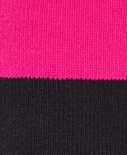 A close-up of a textile featuring pink and black stripes, part of a women's work sock. The image includes a logo.