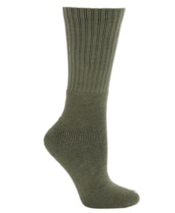 A green sock with a ribbed design, featuring a rounded toe and reinforced heel. Includes a branding logo.