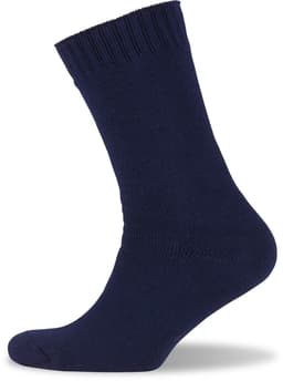 A navy blue bamboo work sock featuring a thick, comfortable design and a ribbed cuff.