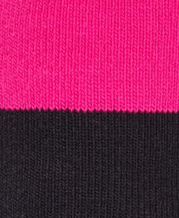 A pair of ultra thick work socks in black and pink, featuring a striped design.