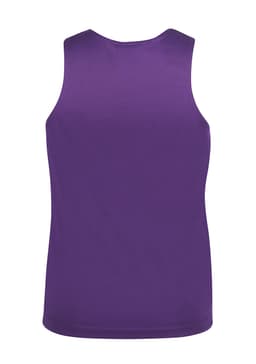 A purple sleeveless singlet with a plain design and a branding logo on the back.