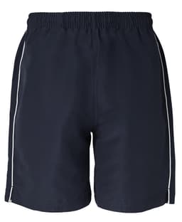 Dress shorts in navy with white piping, featuring an elastic waistband and a simple logo.