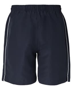 A pair of navy shorts with white side piping, featuring an elastic waistband and no visible logos.