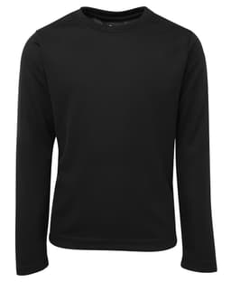 A black long-sleeve t-shirt with a round neckline and a logo on the front. Made from a lightweight material.