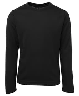 A black long-sleeve T-shirt featuring a logo, made from a breathable fabric. Suitable for casual wear.