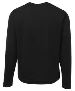 A black long-sleeved T-shirt featuring a simple design and a branding logo on the back.