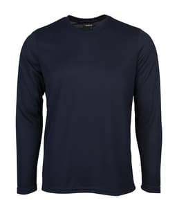 A long-sleeve navy T-shirt with a round neckline and a logo on the tag.