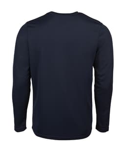 A dark navy long-sleeve t-shirt with a plain back and a logo on the neck area.
