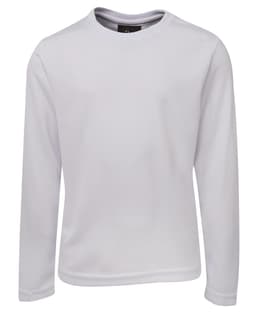 A long-sleeve white T-shirt featuring a textured fabric and a logo on the collar.