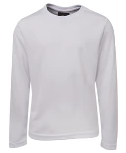 A white long-sleeve T-shirt displayed against a plain background, featuring a logo.