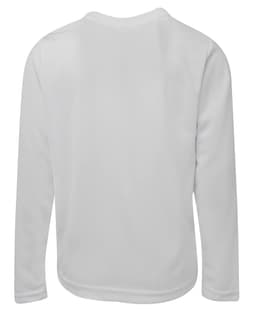 A long-sleeve white T-shirt with a plain design and a logo on the back.