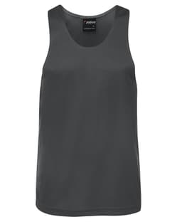 A dark grey singlet with a sleek design and a logo label at the neckline.