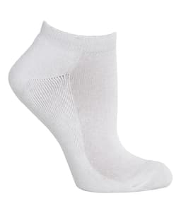 A white ankle sock with a smooth texture and fitted shape, featuring a slight logo.