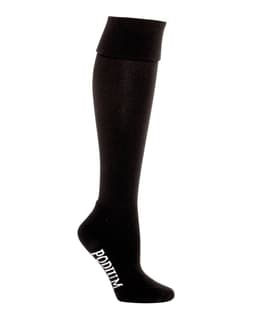 A black sports sock featuring a logo, designed with a knee-high length for athletic use.