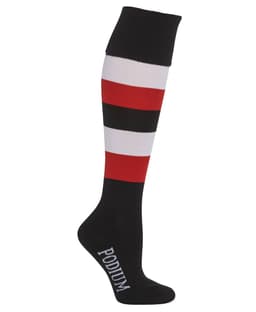 A pair of black sport socks featuring red, white, and black stripes with a logo on the side.