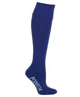 A blue sport sock with a fold-over cuff and branding on the side. It's designed for athletic use.