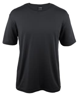 A black T-shirt featuring short sleeves, made from soft fabric, with a logo on the collar.