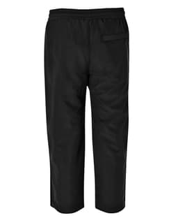 Black track pants featuring an elastic waistband and a back pocket. They have a sleek, minimalist design.