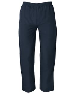 Navy track pants with an elastic waistband and side pockets, featuring a logo on the front.