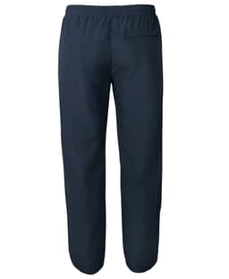 Navy track pants with an elastic waistband and a single back pocket, featuring a logo.
