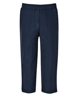 Navy track pants with an elasticated waistband, featuring side pockets and a simple logo.