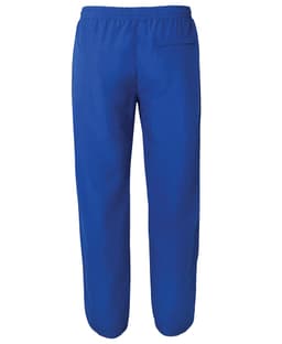 Bright blue track pants with an elastic waistband and a back pocket. Features a logo on the garment.