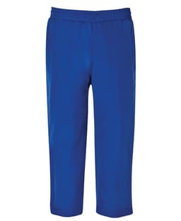 Blue track pants with an elasticated waistband, featuring a simple design and no visible logos.