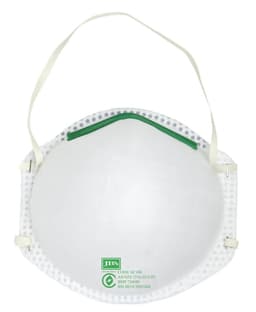 A white respiratory mask with a green strip and elastic ear straps, featuring a logo. Ideal for personal health use.