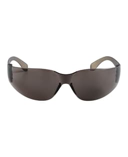 Sunglasses in a sleek design with dark lenses and grey frames, featuring a logo on the side.