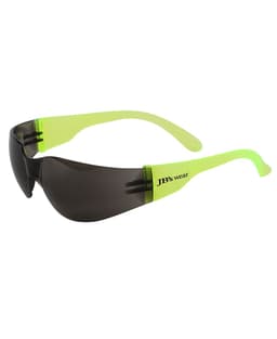 A pair of sunglasses featuring a black lens and vibrant green frames, with a logo on the side.