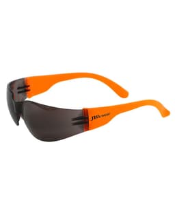 Sunglasses featuring a dark lens and vibrant orange arms, with a logo on the side.