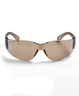 A pair of sunglasses with a brown tint and sleek design, featuring a logo on the side.
