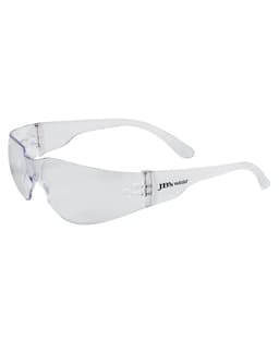 Clear safety sunglasses with a sleek design and a logo on the side. Suitable for outdoor activities.