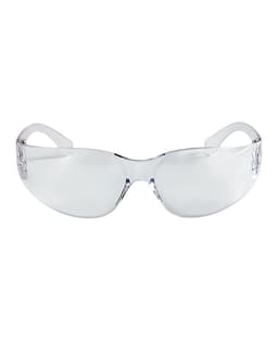 A pair of clear safety sunglasses with a sleek design, featuring translucent frames. Includes a logo on the side.