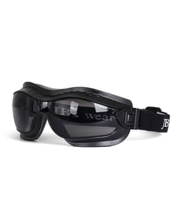 Protective goggles in black with a flexible frame and an adjustable strap, featuring a brand logo.