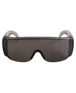 Sleek black sunglasses with wraparound design and grey tinted lenses. Features a logo on the frame.