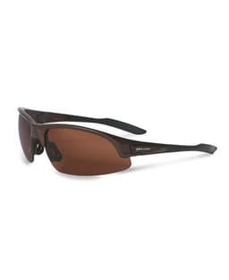 Polarised sunglasses in brown with a sleek black frame, featuring a logo on the side.