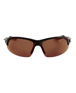 Polarised sunglasses in a sleek black frame with brown lenses. Includes branding on the frame.