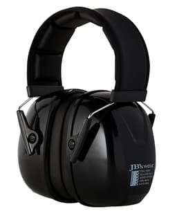 A pair of black ear muffs with a padded headband and adjustable features. Includes branding on the side.
