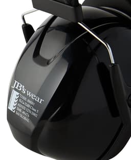 A black ear muff with a glossy finish, featuring a logo and metallic hinges, designed for noise reduction.