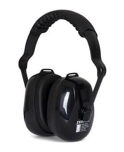 A pair of black ear muffs with a padded headband and adjustable fit. Features a logo on one side.