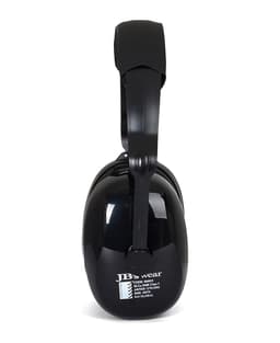 A pair of black ear muffs with a padded headband and a logo on the side.