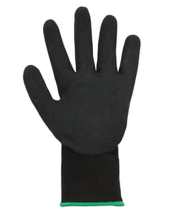 A black nitrile glove with a breathable design and a green cuff, featuring five fingers and a textured surface.