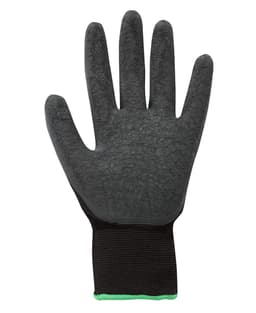 A black latex glove with a textured surface and a black wrist cuff featuring a green accent.