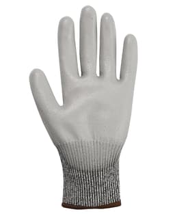 A white cut-resistant glove with a grey knitted wrist cuff. The glove has a textured surface and a branding logo.