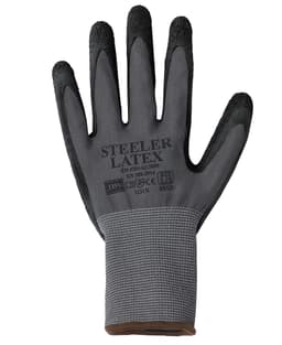 A grey and black latex glove with textured grips and a knitted wrist. Features a logo on the surface.