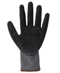 A pair of grey and black latex gloves with a textured surface, featuring a wrist cuff.