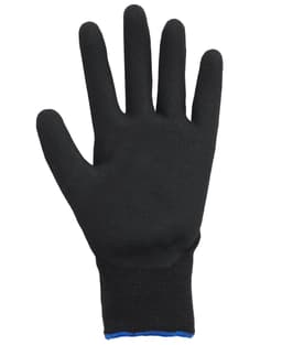 A black nitrile glove with a textured surface and a blue cuff. The glove has a fitted design and a brand logo.