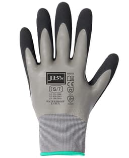 A waterproof glove featuring a grey body, black latex coating, and textured fingertips, with a logo on the palm.