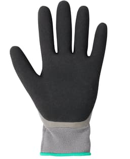 A grey and black waterproof glove with a double latex coating, featuring a textured palm.